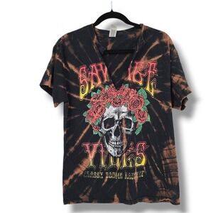 Gildan Bleach Tie Dye Distressed Skull Graphic Tee V Neck Short Sleeve T-Shirt M